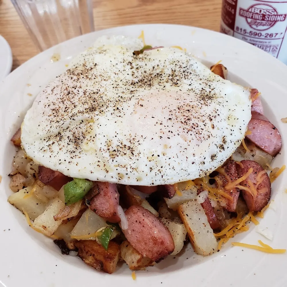 Polish Sausage Skillet with Two Eggs over Easy